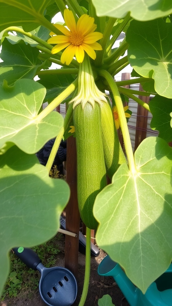 A healthy zucchini plant with zucchinis and flowers in a sunny garden.